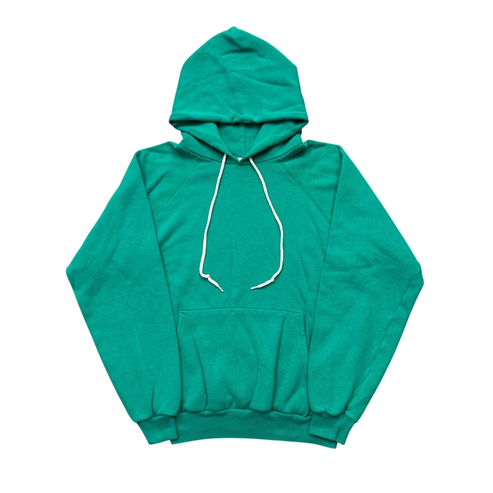 Vintage 80s Hanes Teal Green Blank Raglan Hoodie Sweatshirt USA